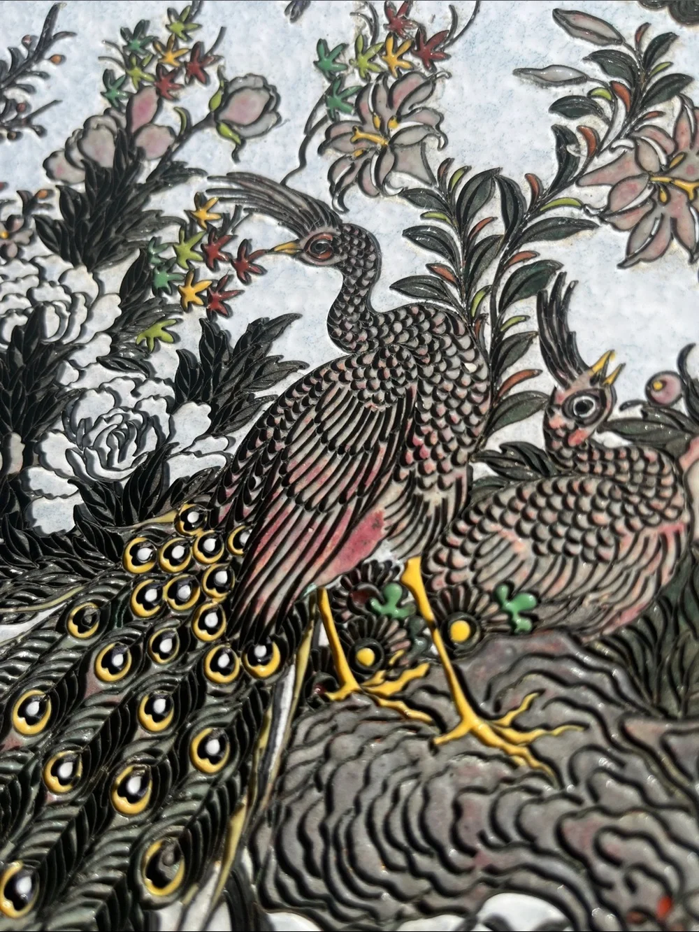 Metal scroll work Cloisonne plate bird and floral Design